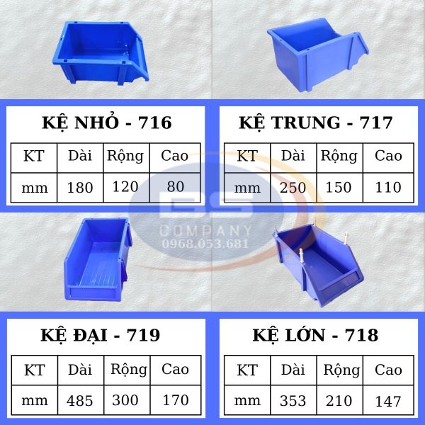 Bảng kích thước của kệ nhựa đựng linh kiện đa năng