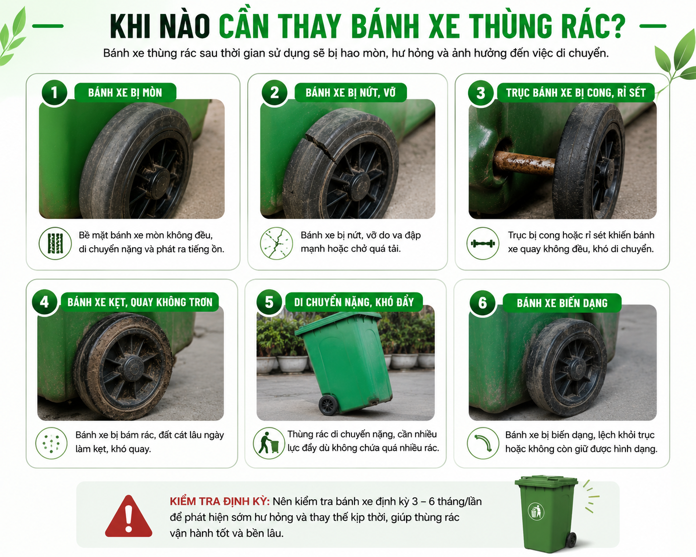 Các trường hợp nên thay bánh xe thùng rác