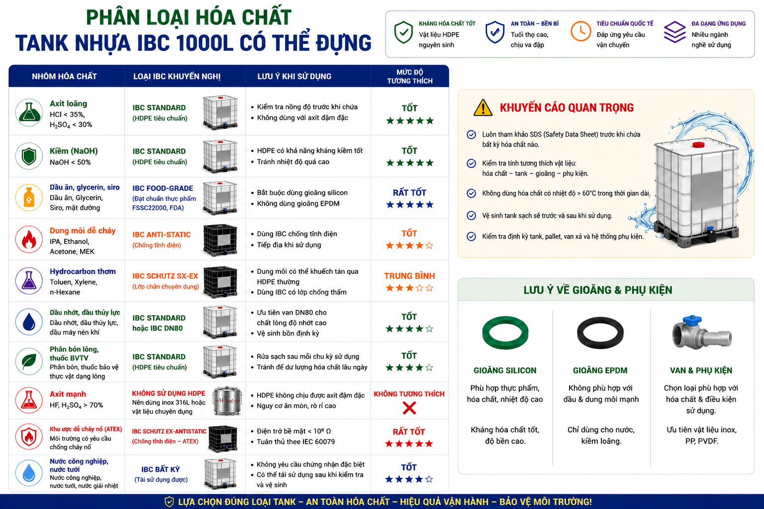 Tank nhựa 1000L chứa được những loại hóa chất nào